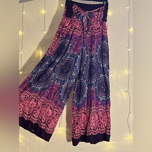 Flowy patterned pants set stretchy roomy 1 green, 1 pink purple, with tie waist